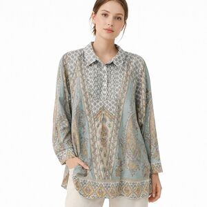 Soft Surroundings Tunic Blouse Womens Large Paisley Collared Long Sleeve Top